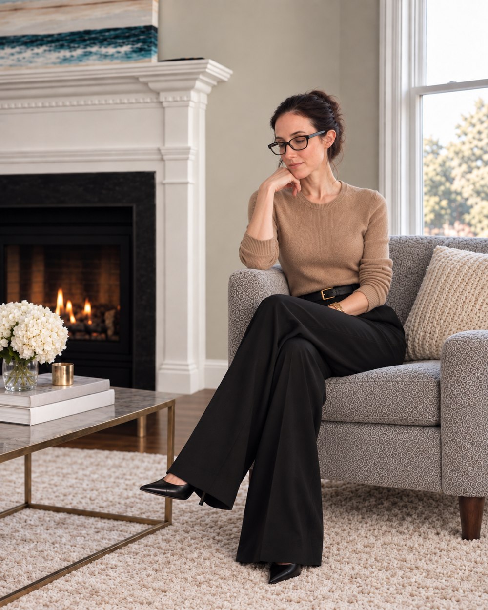 Kristin seated beside the fireplace looking away