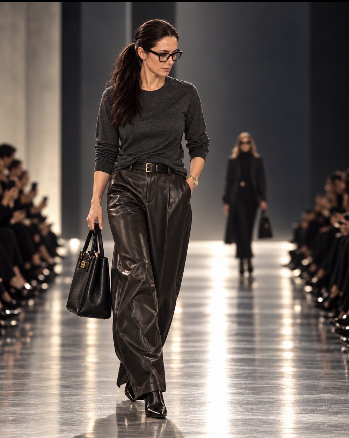 Conceptual fashion editorial showing Kristin walking on a runway